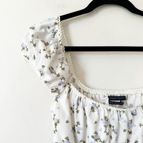 Urban Outfitters Brenan White and Blue Ditsy Floral Ruched Mini Dress M - Picture 6 of 9